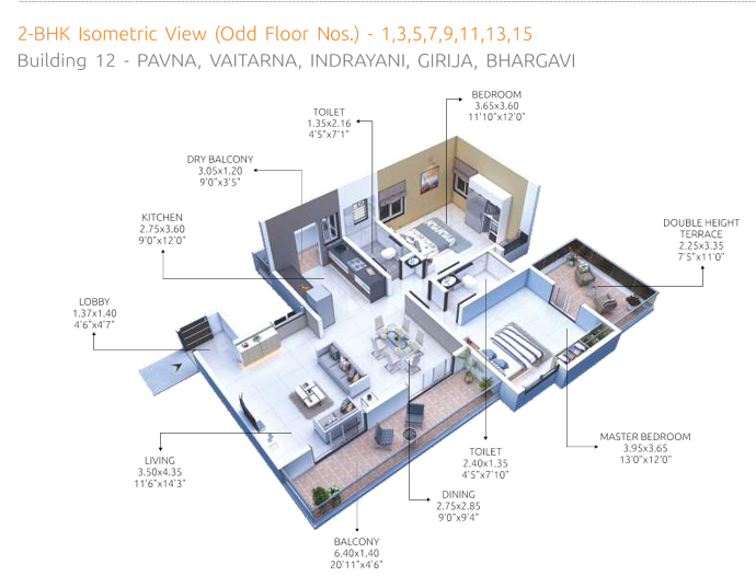 2 BHK isometric floor plan, Shiv Kailasa