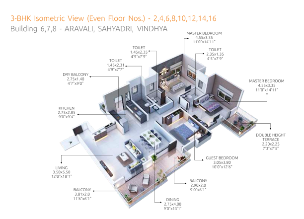 3 BHK isometric floor plan, Shiv Kailasa